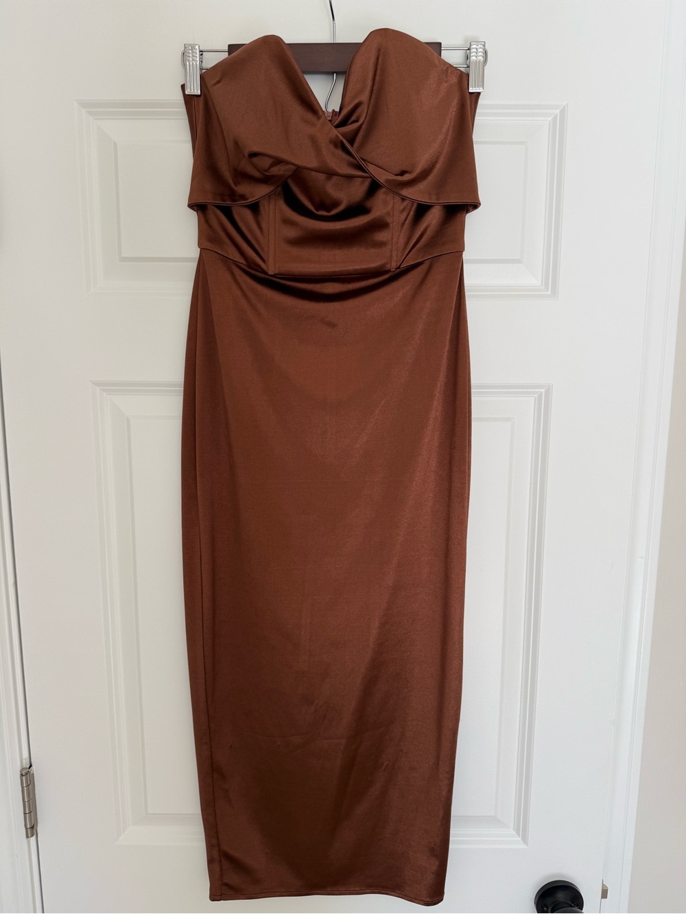 Strapless Satin Brown Midi Dress